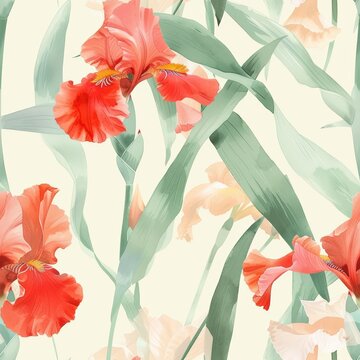 Vibrant red iris flowers with delicate green leaves in a soft cream background perfect for elegant floral designs and nature inspired in watercolor style. Cheerful seamless tile in spring concept.