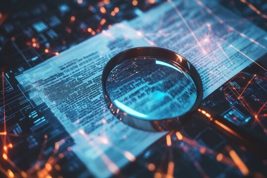 A close-up view of a magnifying glass over text documents on a digital background, highlighting details in a tech environment