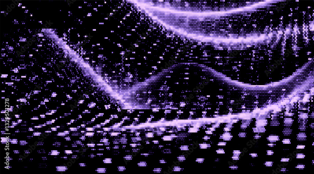 Poster Digital artwork of pixelated waves in vibrant purple hues. The patterns create a fluid and dynamic abstract design, emphasizing a sense of motion and modernity. Vector abstract background.