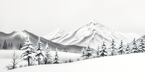  Crisp Winter Landscape in Ink Painting with Snow Covered Trees and Mountains