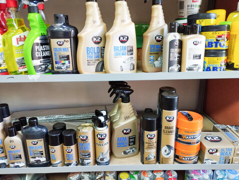 Sambir, Ukraine, - February 12, 2025: The shelf features cleaners, polishes, waxes, and other products from various brands such as K2, Plak, Don, Fox, Bono.