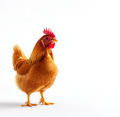 Fototapeta premium vibrant chicken stands confidently on its hind legs, showcasing its bright feathers and distinctive comb. This lively bird adds touch of charm to any setting
