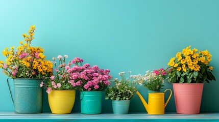 Colorful flowers in various pots against a teal wall; springtime gardening arrangement; home decor