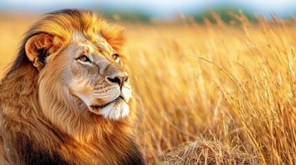 Fototapeta premium Majestic Lion Gazing at Horizon in Golden Grassland Setting