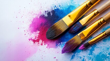 Obraz premium Colorful paintbrushes and vibrant pigment splatters on white background; art supplies, creative process