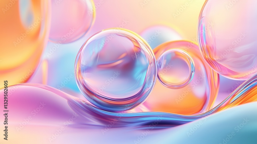 Poster vibrant colorful abstract composition with flowing undulating forms and spherical transparent bubble