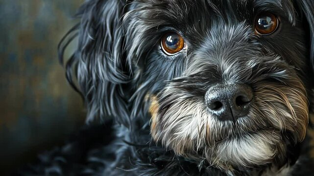Black schnauzer dog looks straight into camera