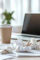 The desk shows a chaotic home office atmosphere with crumpled papers scattered around, an overflowing trash can, and coffee stains. A blurred laptop hints at ongoing work