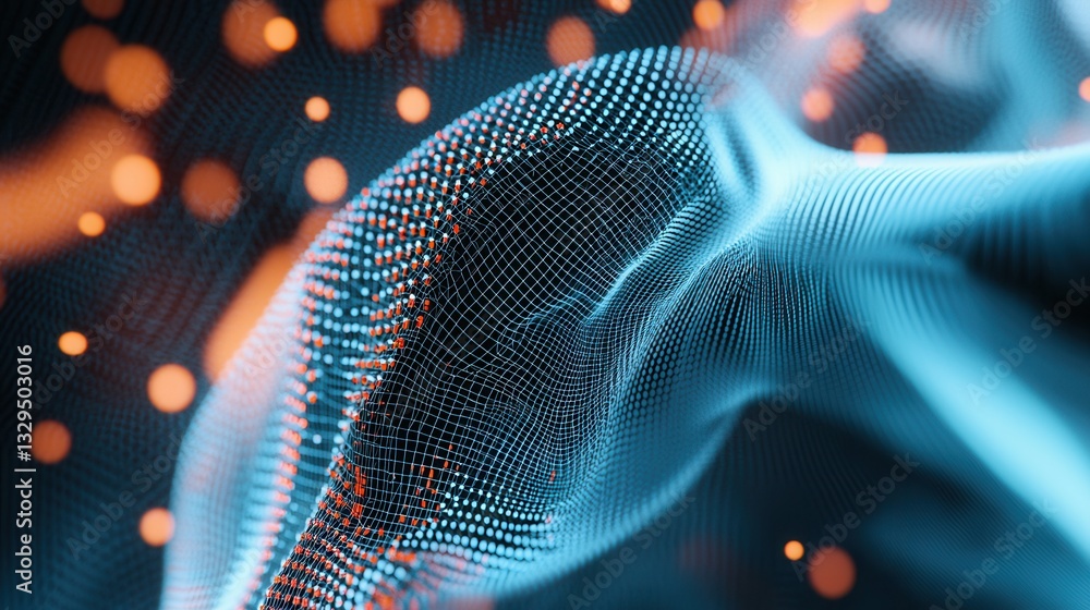 Poster mesmerizing abstract digital visualization of a dynamic glowing wireframe sphere with a complex grid