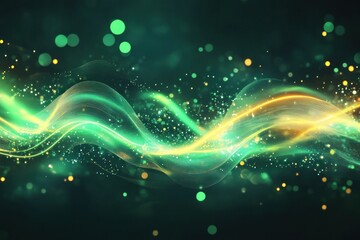 Abstract waves of green and gold light flow gracefully across a dark background, creating a mesmerizing visual effect