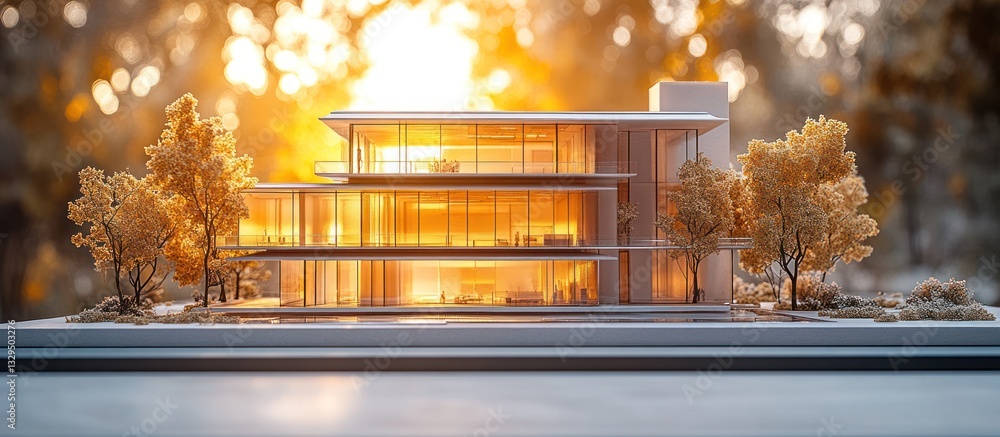 Poster architectural model of a modern building with trees.