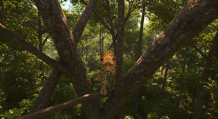 Fototapeta premium Leopard Walking on Branch in Green Forest Jungle Environment