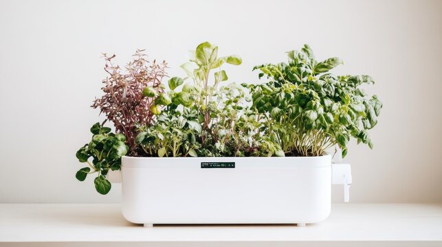 Smart gardening innovation features automated lighting and self watering planters with AI analysis for optimal herb growth in modern kitchen setup