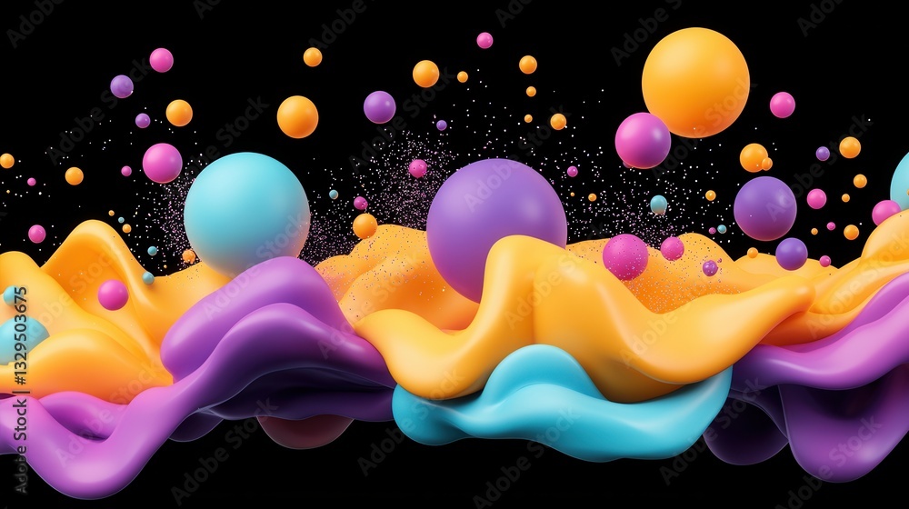 Poster a dynamic and visually striking abstract background with flowing iridescent shapes and bubbles in a 