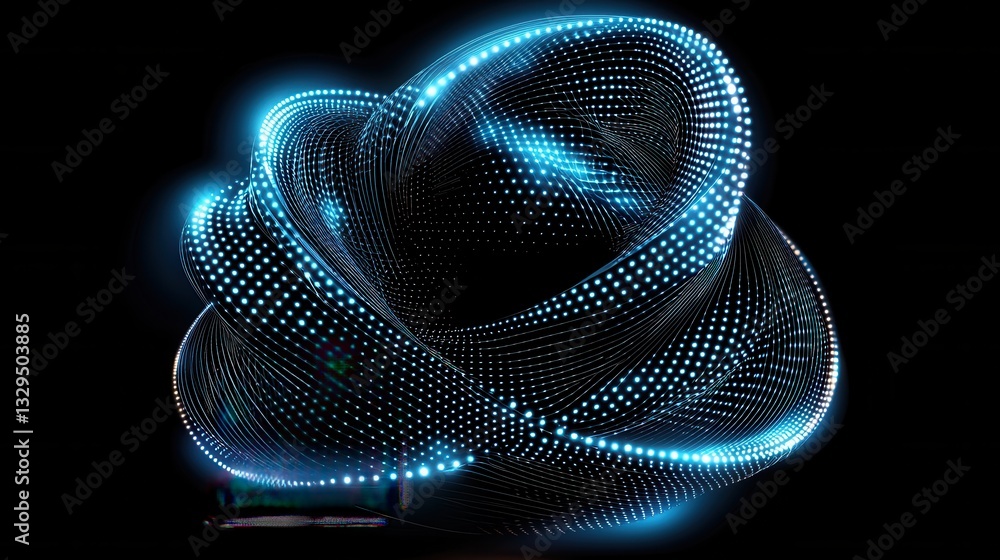 Poster an abstract futuristic image depicting a dynamic glowing sphere composed of a complex grid of illumi