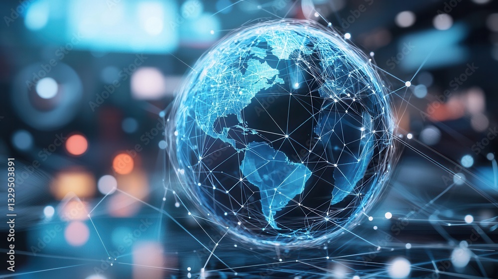 Poster A futuristic 3D rendering of a digital globe surrounded by a complex grid of interconnected nodes representing the global flow of data and modern technological advancements