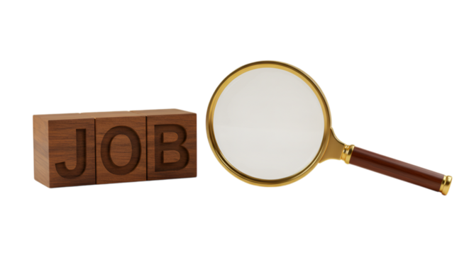 Job search concept illustrating with magnifying glass and wooden blocks