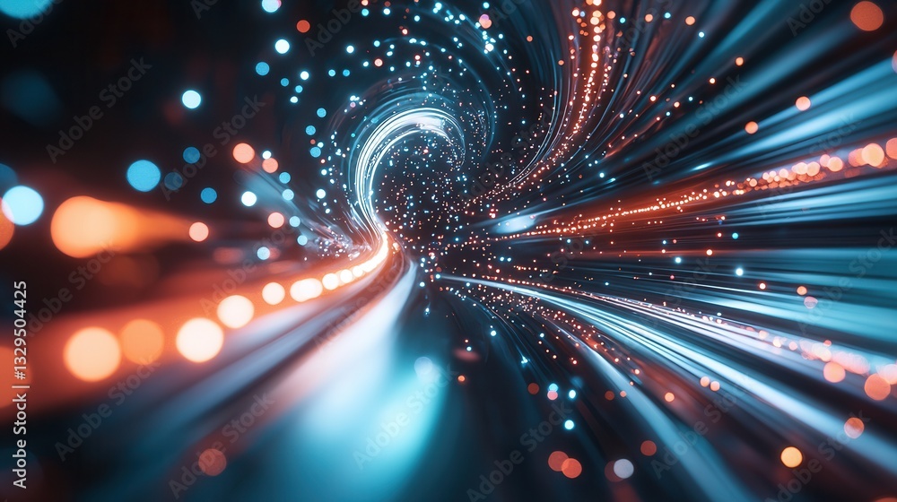 Poster swirling luminous particles and trails create a dynamic futuristic and abstract visualization of mot