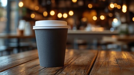 A paper coffee cup rests on a rustic wooden table in a welcoming cafe. Soft, warm lights create an inviting atmosphere during the morning rush, perfect for enjoying a hot beverage.