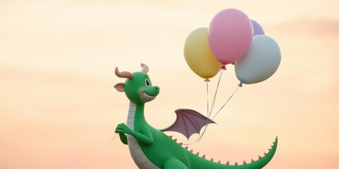 Obraz premium A playful green dragon holding pastel colored balloons against a soft gradient sunset sky