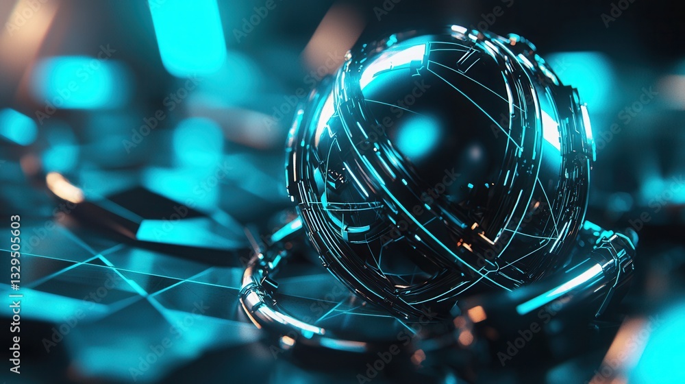 Poster a captivating 3d rendered image depicting a luminous blue sphere with a complex intricate wireframe 