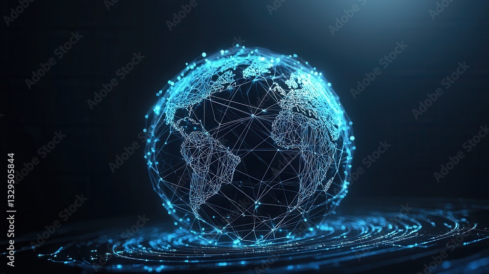 Poster a futuristic 3d render of a blue glowing digital globe with a wireframe structure symbolizing the in