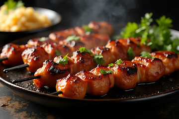 Grilling chicken skewers restaurant kitchen food photography warm close-up delicious flavor