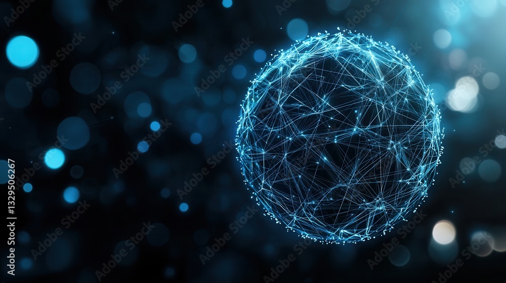 Poster a 3d rendered blue wireframe sphere with an intricate interconnected network of nodes and connection