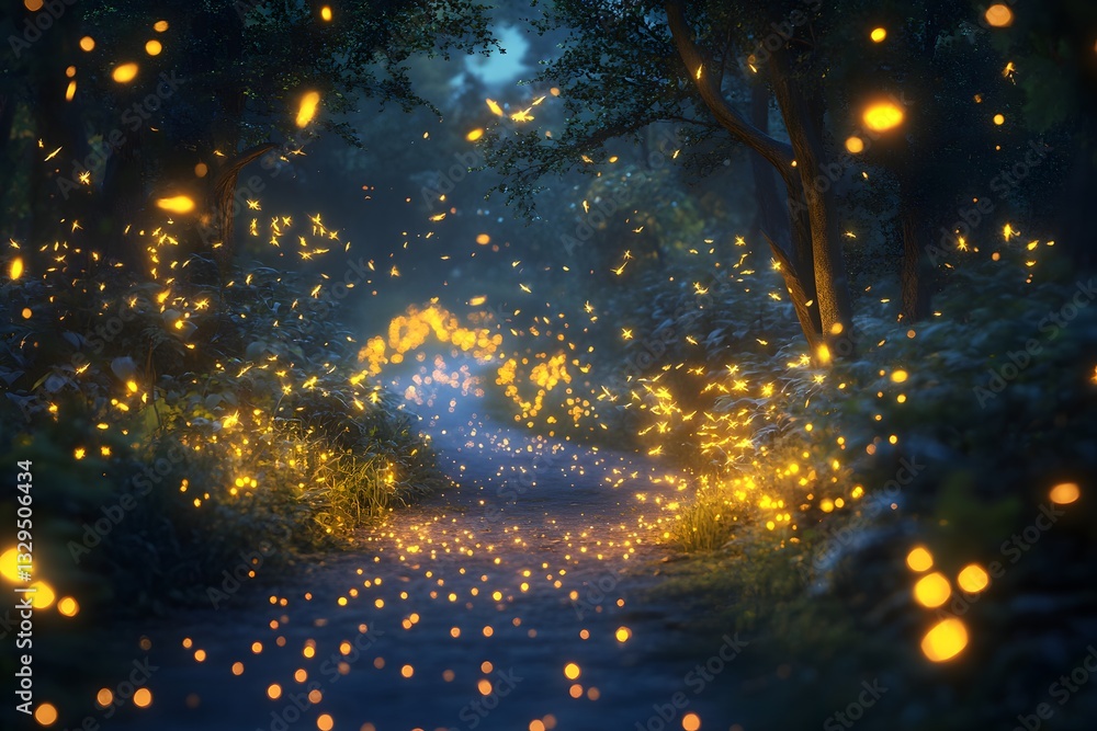 Poster firefly path in dark forest