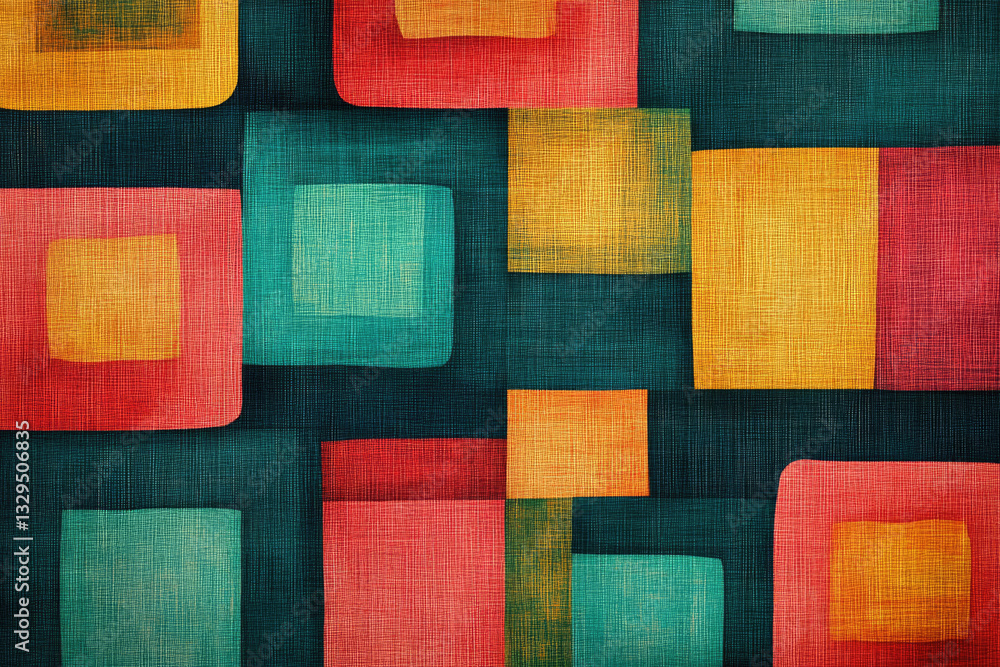 Poster abstract geometric pattern with overlapping squares in varying shades of red, yellow, orange, and te