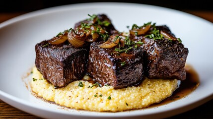 Braised short ribs served on a bed of creamy polenta