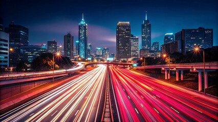 Obraz premium Cityscape at night with light trails from traffic representing urban life and fast-paced city movement