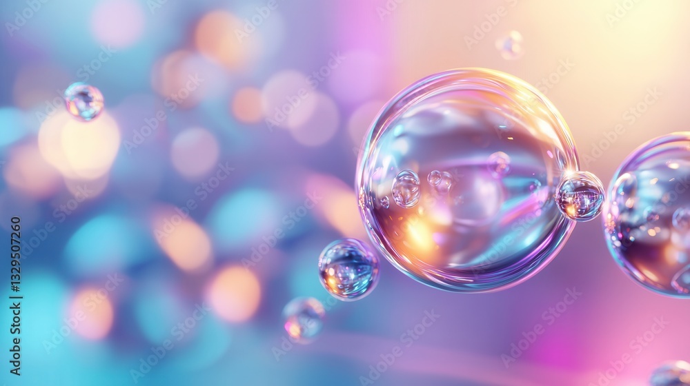 Poster an ethereal and dreamlike image featuring a cluster of translucent iridescent spheres floating and m