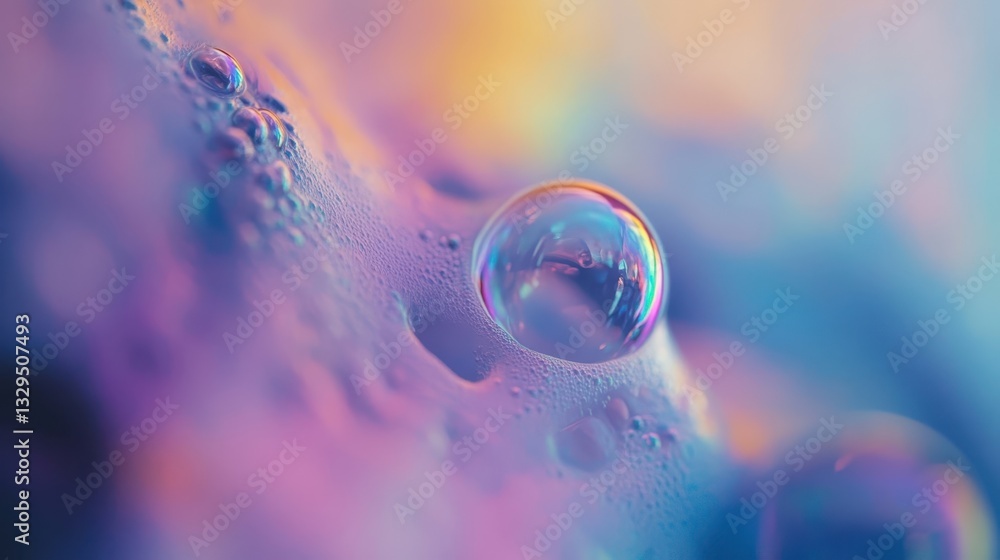 Poster a single iridescent bubble resting on a soapy textured surface