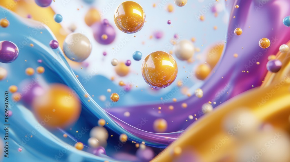 Poster a dynamic and visually captivating scene featuring a swirling dance of vibrant liquid spheres flowin