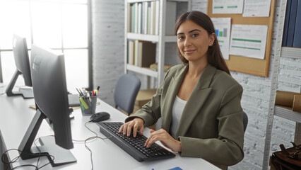 Young woman working in a modern office wearing a blazer and sitting at a desk with a computer and...