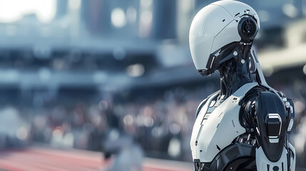 White robot in sports stadium