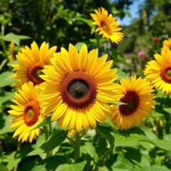 Obraz premium Sunflower Blossoms in a Sun Kissed Garden with Green Leaves