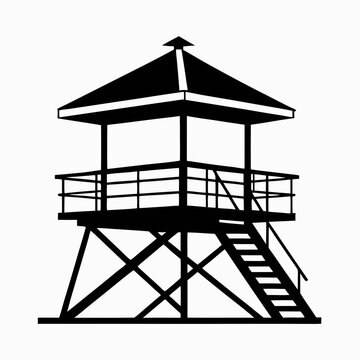 A black and white illustration featuring a lifeguard tower vector silhouette