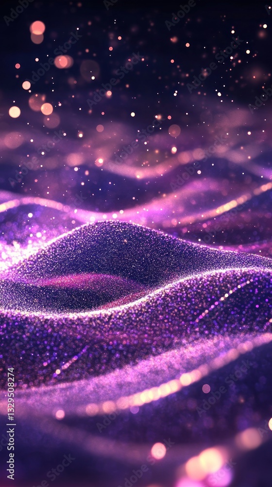 Poster vibrant abstract representation of flowing waves of glittering particles against a dark background, 