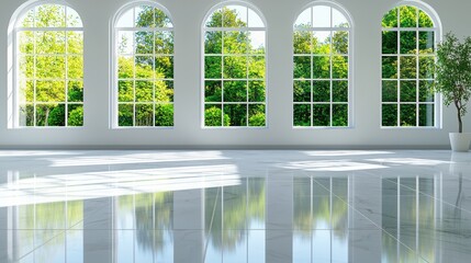 Bright sunlight streams into spacious room with large arched windows
