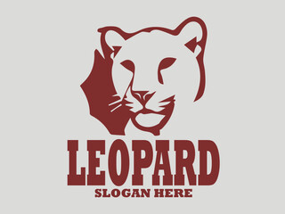 Dark red leopard head vector illustration with distinctive spots and pointed ears on a light grey background. leopard head vector illustration view with elongated  background. Animal design 