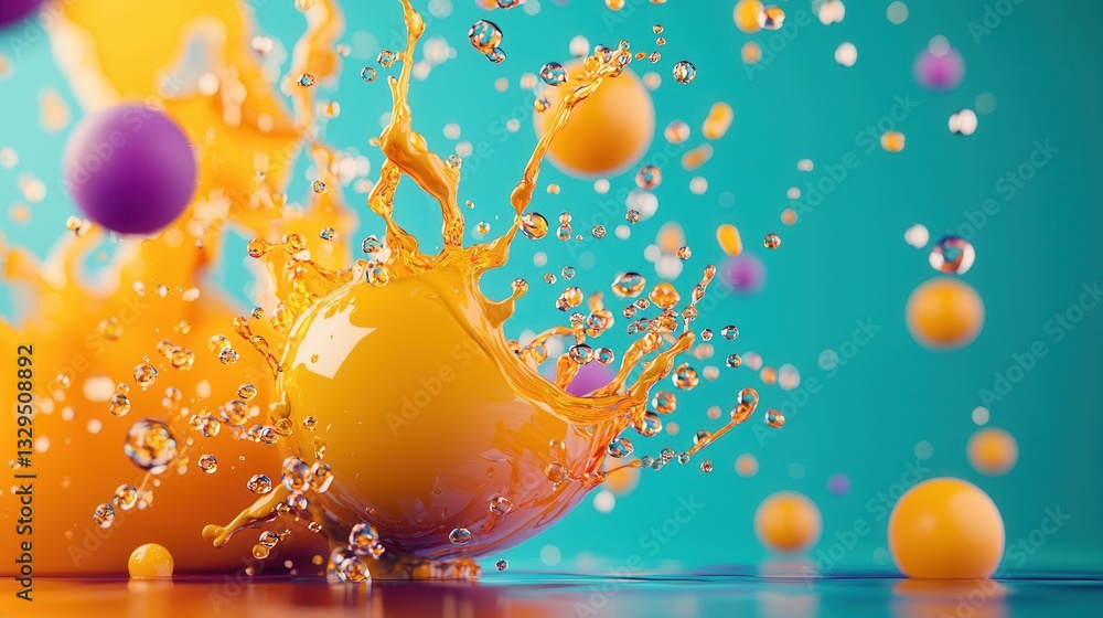 Poster explosive and dynamic image featuring a vibrant burst of colorful liquid motion surrounded by shimme