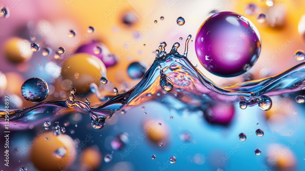 Poster a captivating close up view of colorful mirrored spheres interacting with dynamic liquid particles c