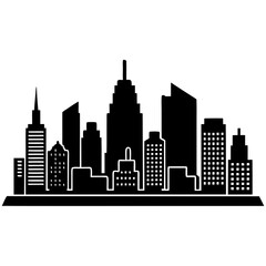 Obraz premium A flat, black and white cityscape illustration with a collection of various skyscrapers and other architectural elements