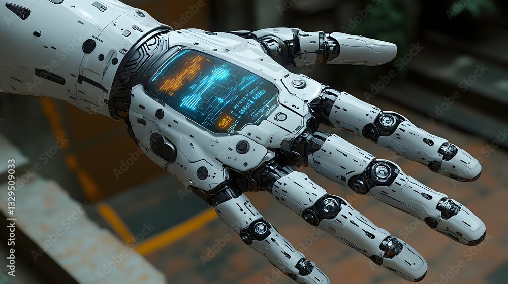 Poster close up futuristic robot hand with glowing display