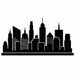 A flat, black and white cityscape illustration with a collection of various skyscrapers and other architectural elements