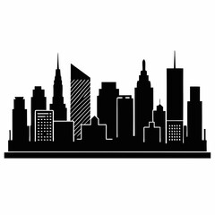 Obraz premium A flat, black and white cityscape illustration with a collection of various skyscrapers and other architectural elements