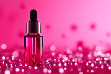 bottle of serum with dropper top, surrounded by pink bubbles, creates vibrant and luxurious atmosphere. glossy finish of bottle reflects playful pink background, enhancing overall aesthetic appeal