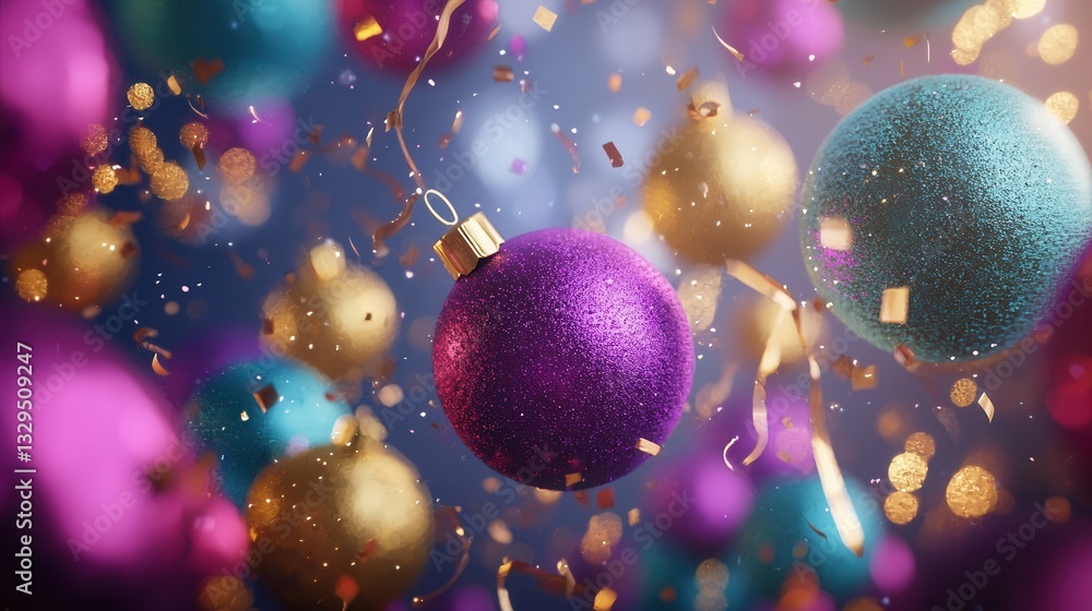 Poster sparkling holiday ornaments and glittering liquid particles create a mesmerizing and enchanting of l